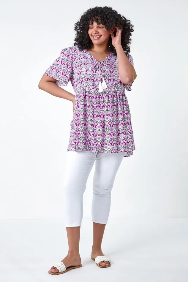 Purple Curve Tie Front VNeck Boho Printed Top Women Roman Tops