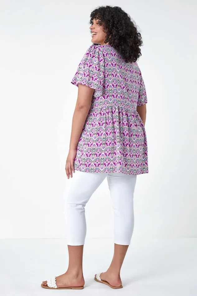 Purple Curve Tie Front VNeck Boho Printed Top Women Roman Tops