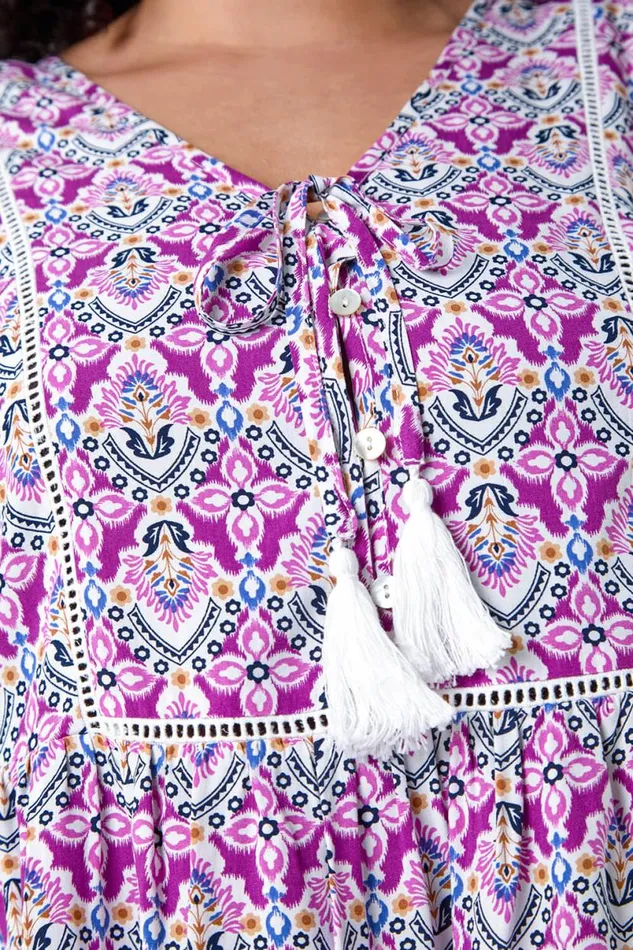 Purple Curve Tie Front VNeck Boho Printed Top Women Roman Tops