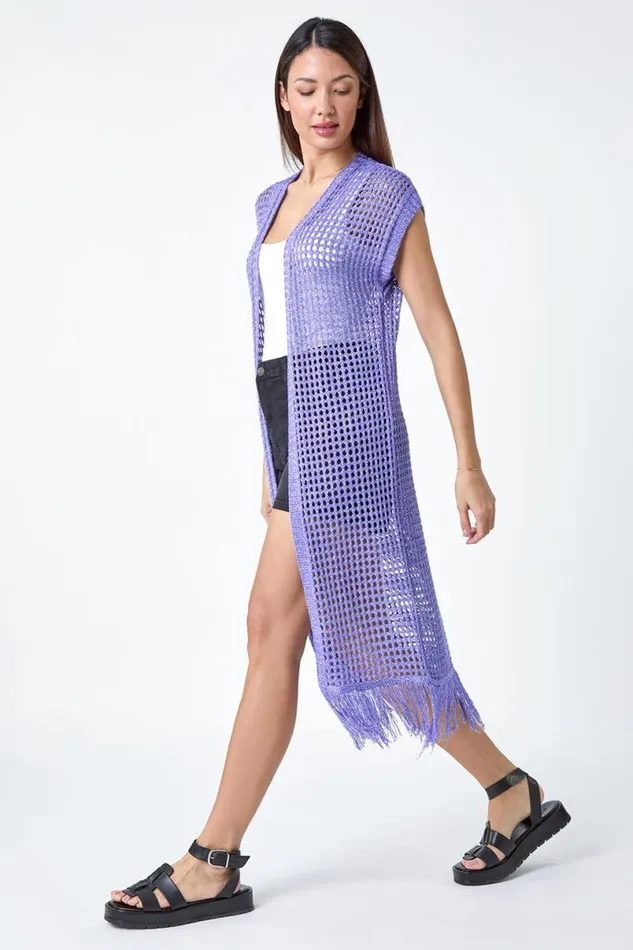 Purple Longline Shimmer Tassel Knit Kimono Women Roman Knitwear