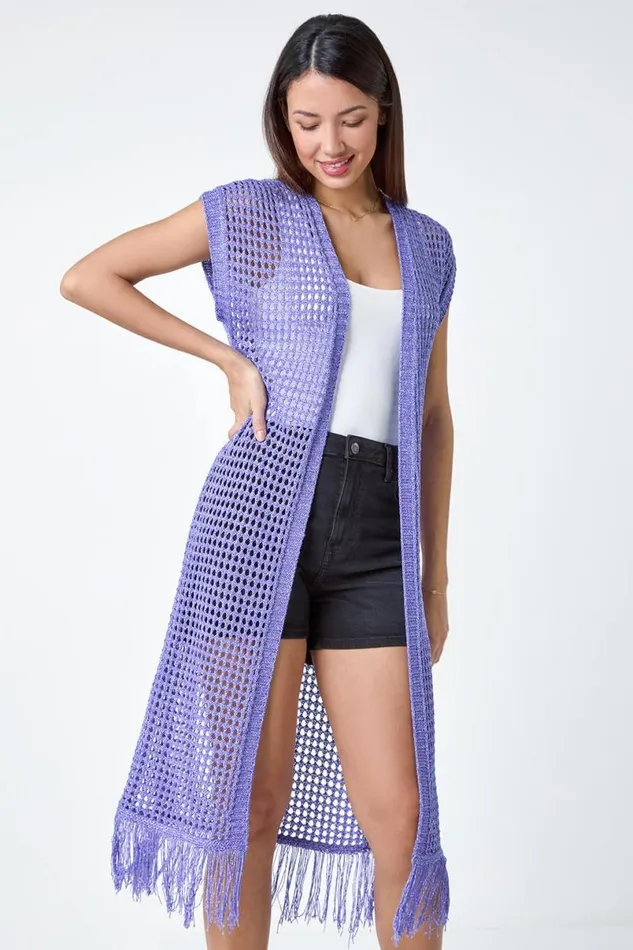 Purple Longline Shimmer Tassel Knit Kimono Women Roman Knitwear