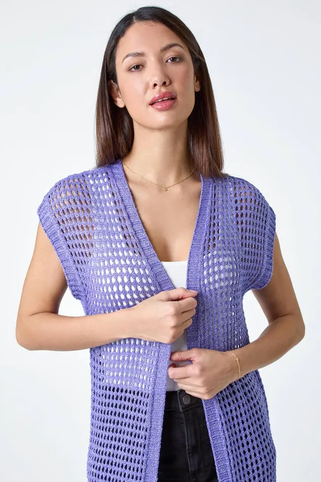Purple Longline Shimmer Tassel Knit Kimono Women Roman Knitwear