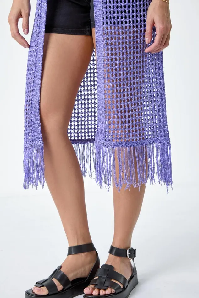 Purple Longline Shimmer Tassel Knit Kimono Women Roman Knitwear