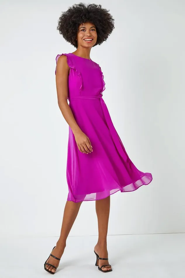 Purple Sleeveless Frill Detail Chiffon Dress Women Roman Dresses