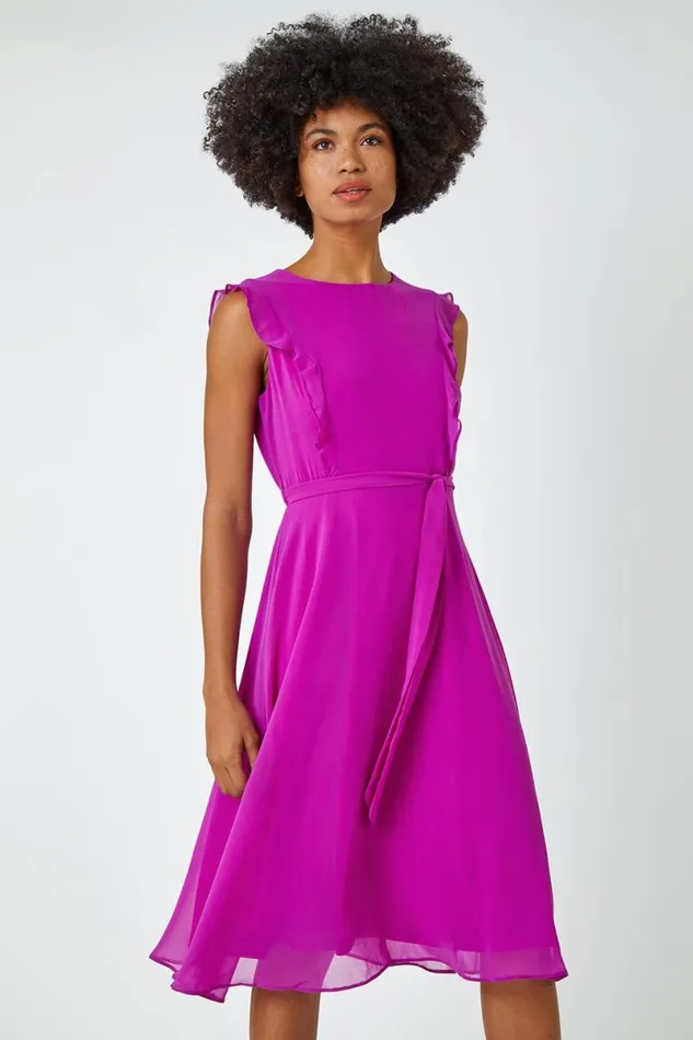 Purple Sleeveless Frill Detail Chiffon Dress Women Roman Dresses
