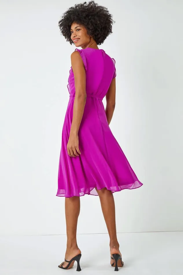 Purple Sleeveless Frill Detail Chiffon Dress Women Roman Dresses