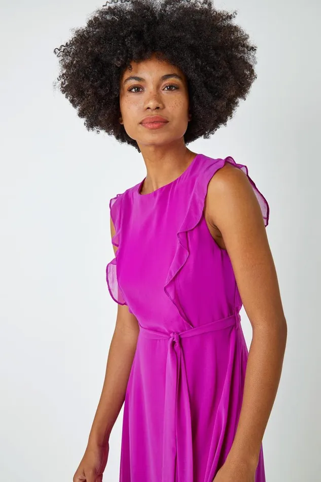 Purple Sleeveless Frill Detail Chiffon Dress Women Roman Dresses