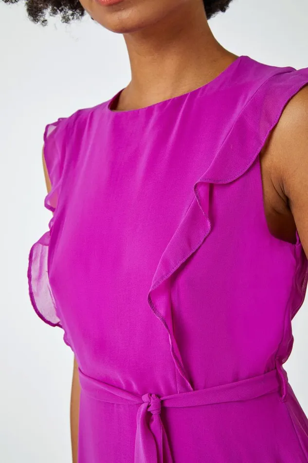 Purple Sleeveless Frill Detail Chiffon Dress Women Roman Dresses