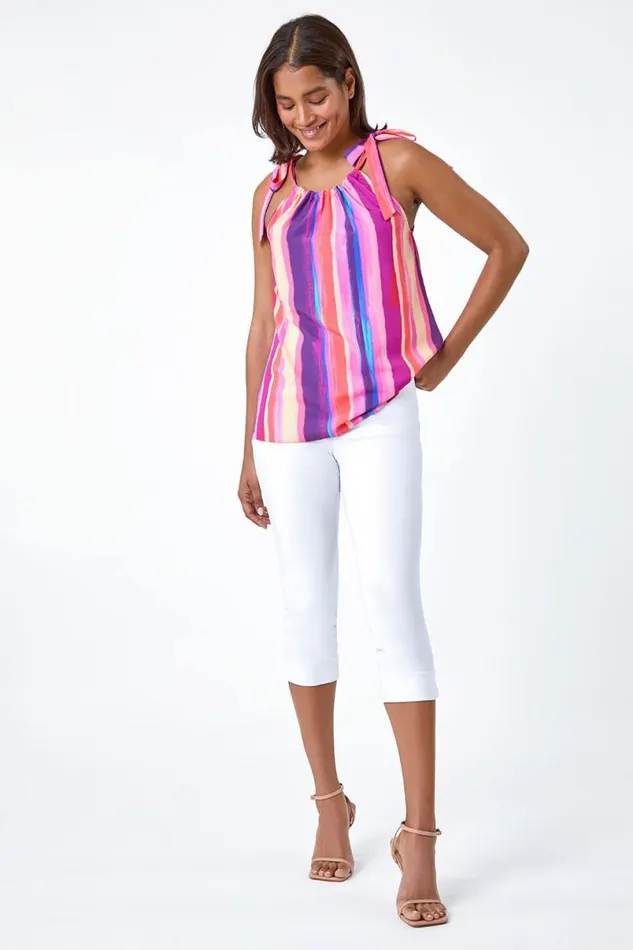 Purple Stripe Print Halterneck Tie Detail Top Women Roman Tops