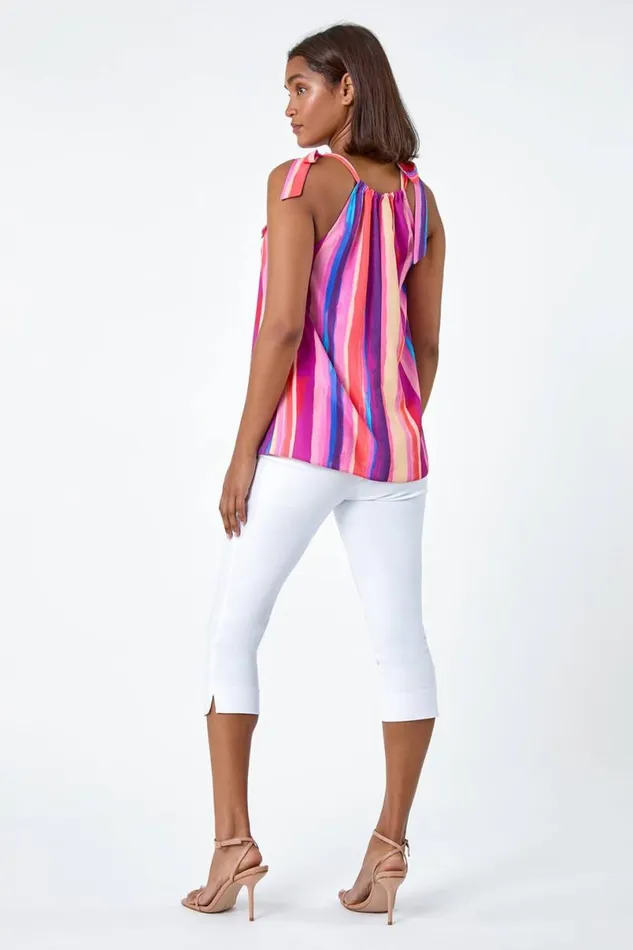 Purple Stripe Print Halterneck Tie Detail Top Women Roman Tops