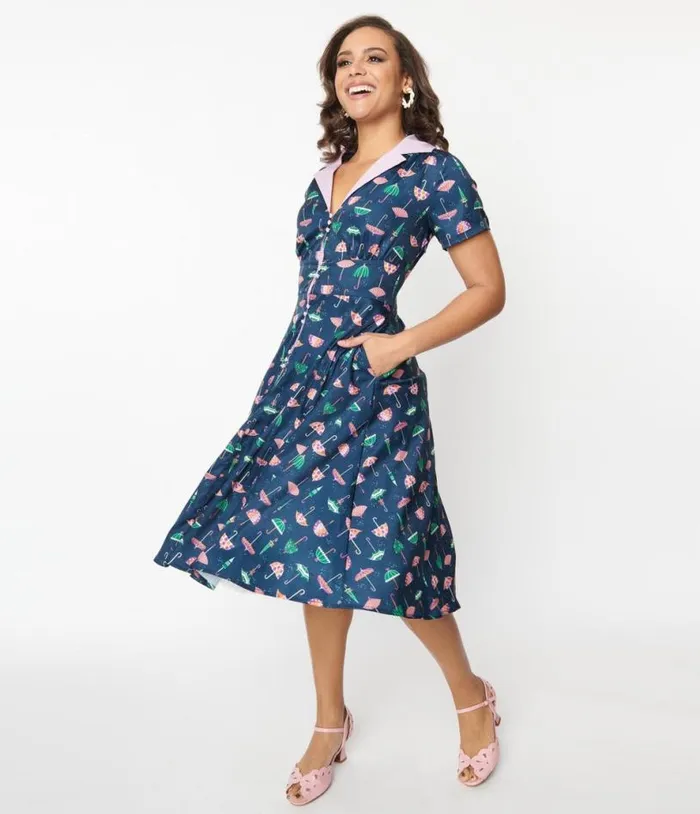 Purple Umbrella Print Swing Dress Dresses Unique Vintage Pocket Dresses