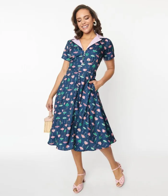 Purple Umbrella Print Swing Dress Dresses Unique Vintage Pocket Dresses