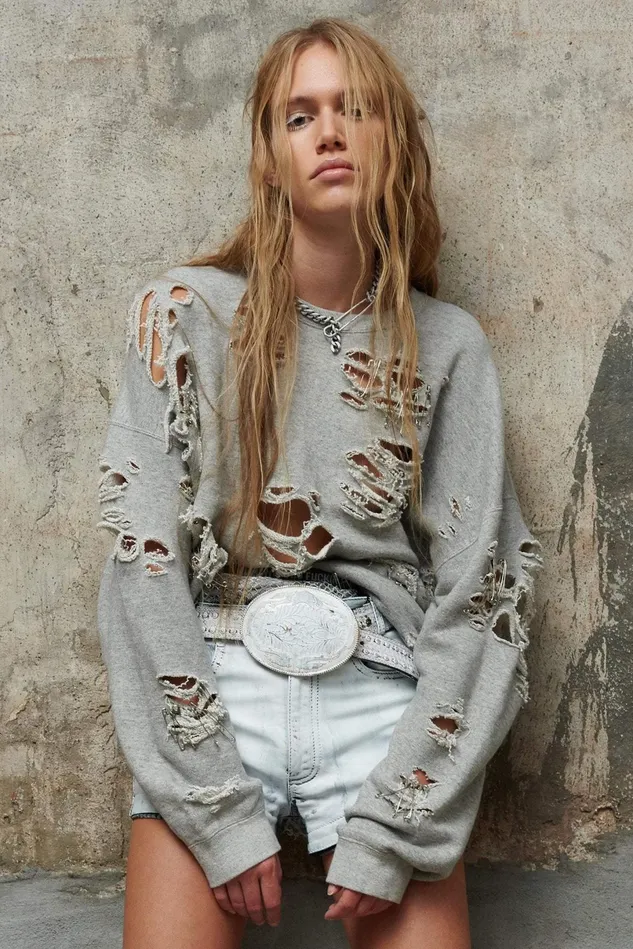 R13 Sweatshirts Women Distressed Crewneck 8211 Heather Grey