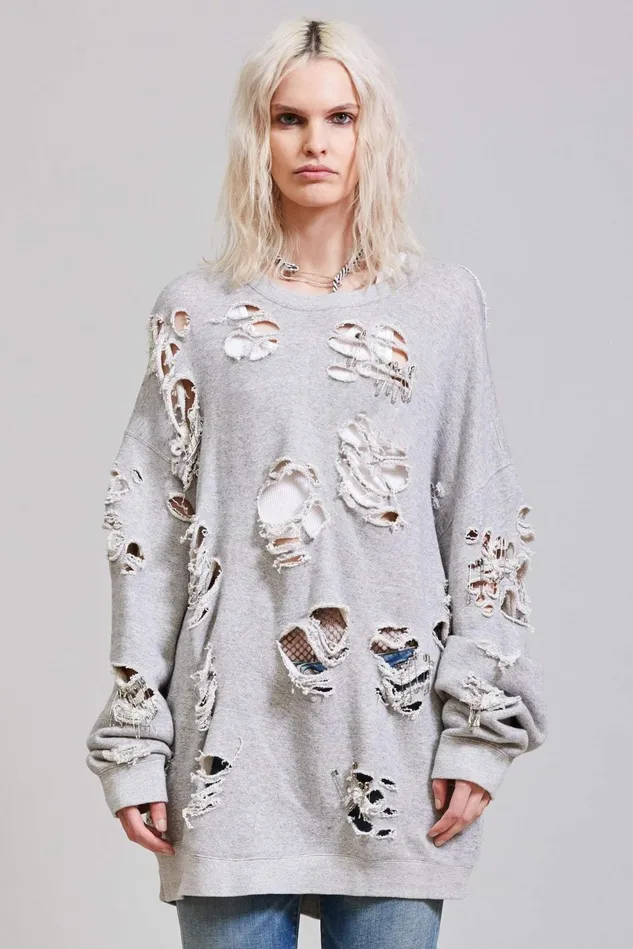 R13 Sweatshirts Women Distressed Crewneck 8211 Heather Grey R13 Sweatshirts Women Distressed Crewneck 8211 Heather Grey