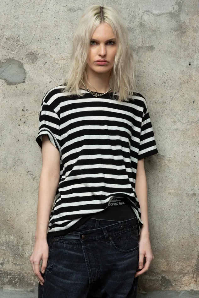 R13 TShirts Women Boy TShirt 8211 Black And Ecru Stripe