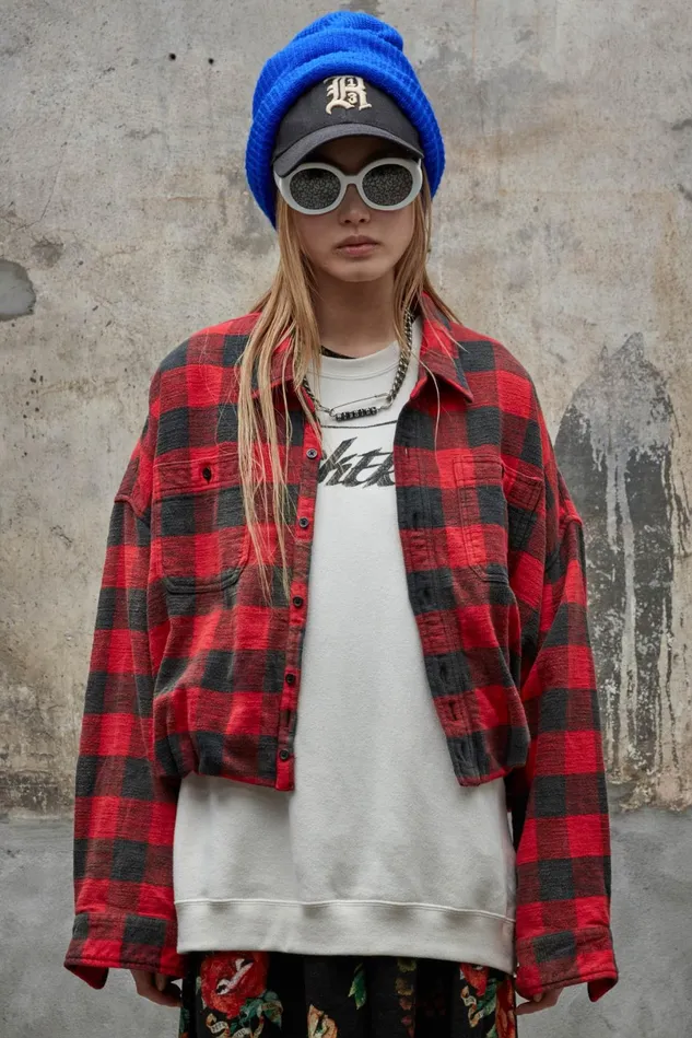 R13 Tops Women Gathered Hem Work Shirt 8211 Red Buffalo Plaid