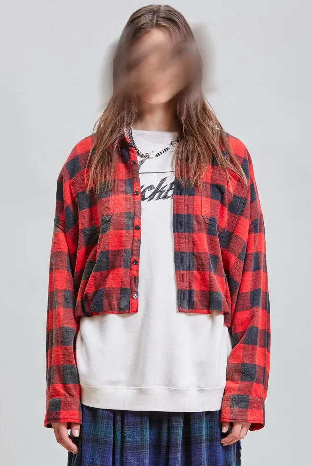 R13 Tops Women Gathered Hem Work Shirt 8211 Red Buffalo Plaid