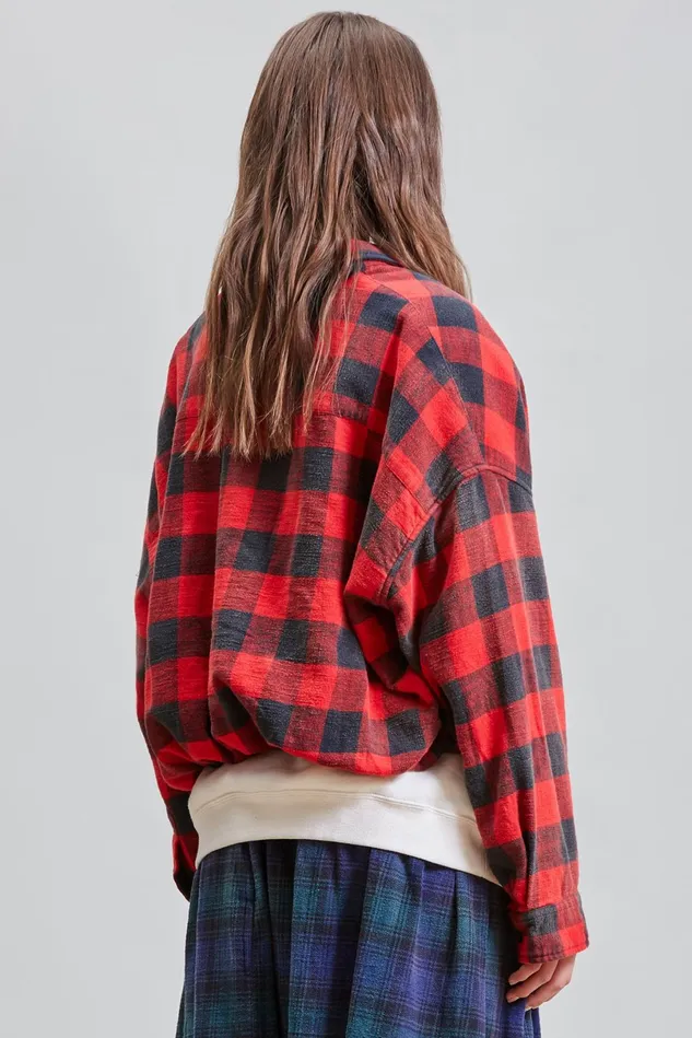 R13 Tops Women Gathered Hem Work Shirt 8211 Red Buffalo Plaid