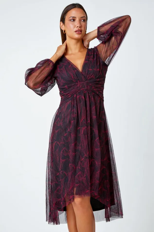 Red Abstract Twist Front Chiffon Plisse Dress Women Roman Dresses