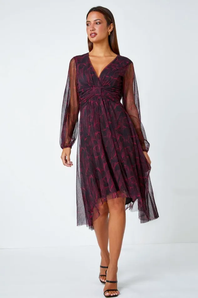 Red Abstract Twist Front Chiffon Plisse Dress Women Roman Dresses