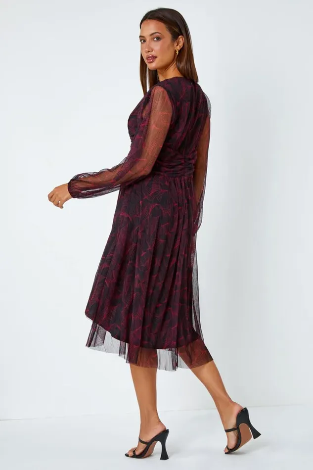Red Abstract Twist Front Chiffon Plisse Dress Women Roman Dresses