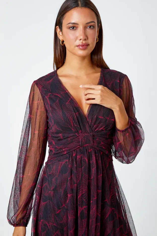 Red Abstract Twist Front Chiffon Plisse Dress Women Roman Dresses