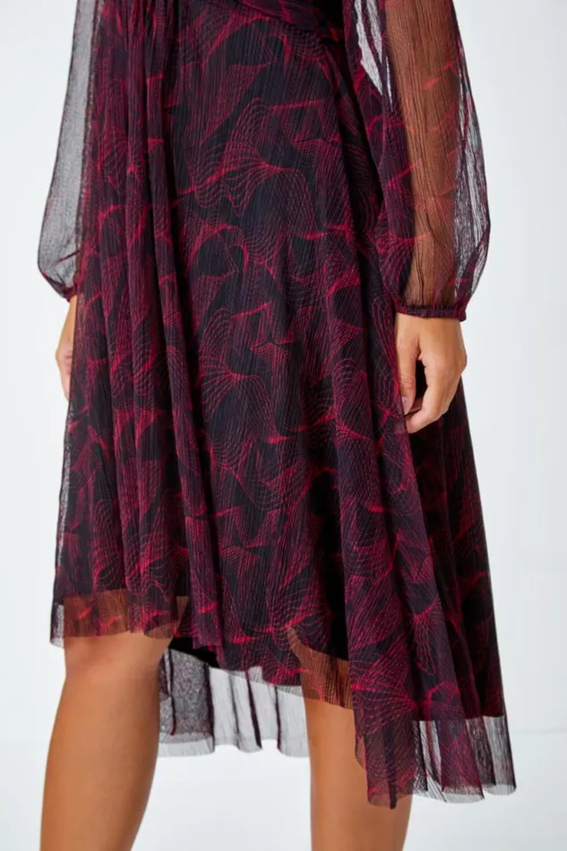 Red Abstract Twist Front Chiffon Plisse Dress Women Roman Dresses