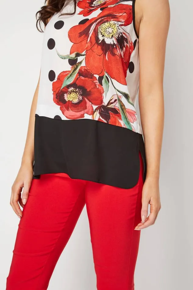 Red Contrast Layer Spot Floral Top Women Roman Tops
