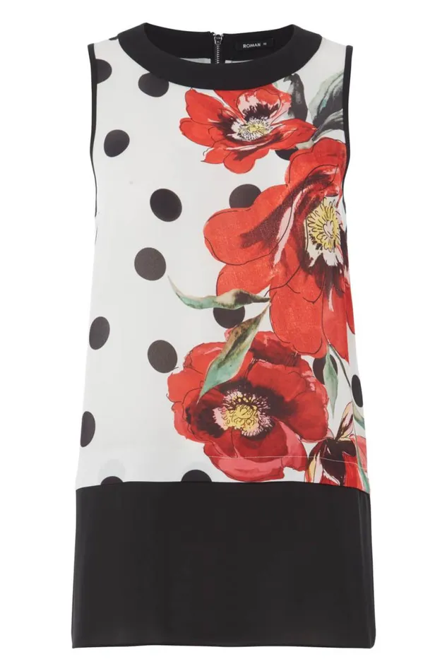 Red Contrast Layer Spot Floral Top Women Roman Tops