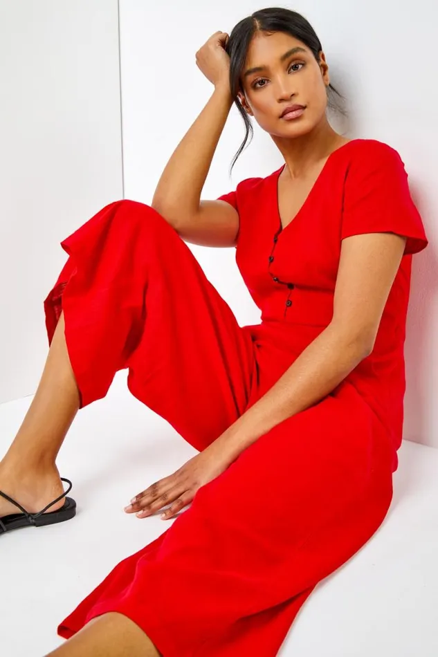 Red Cotton Blend Culotte Jumpsuit Women Roman Trousers