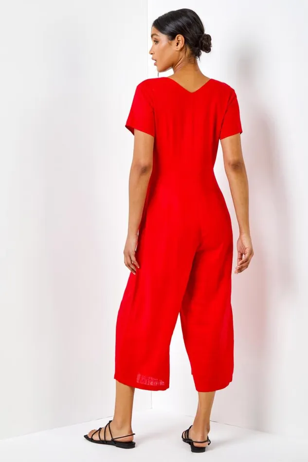 Red Cotton Blend Culotte Jumpsuit Women Roman Trousers