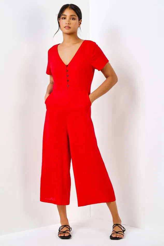 Red Cotton Blend Culotte Jumpsuit Women Roman Trousers
