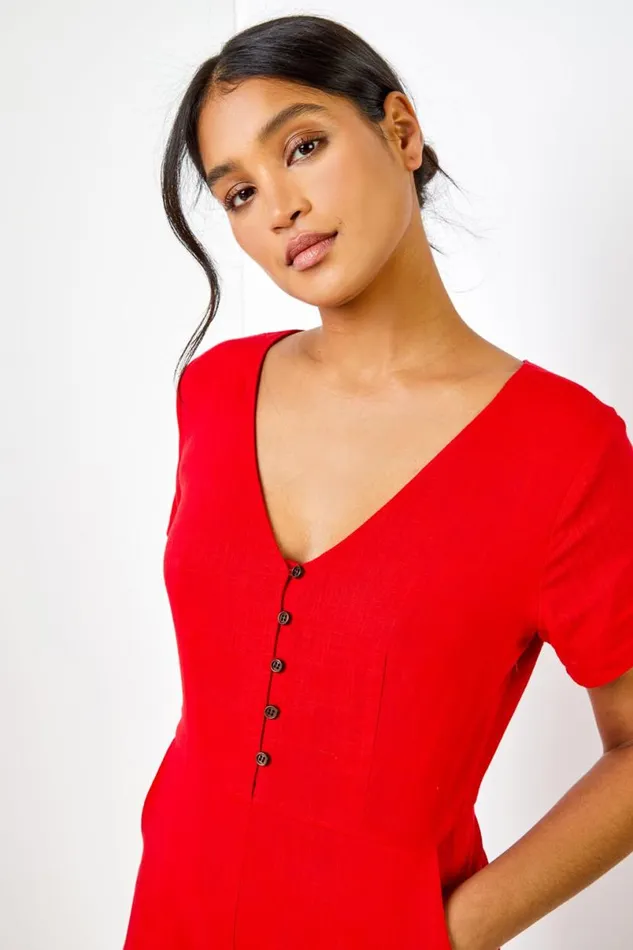 Red Cotton Blend Culotte Jumpsuit Women Roman Trousers
