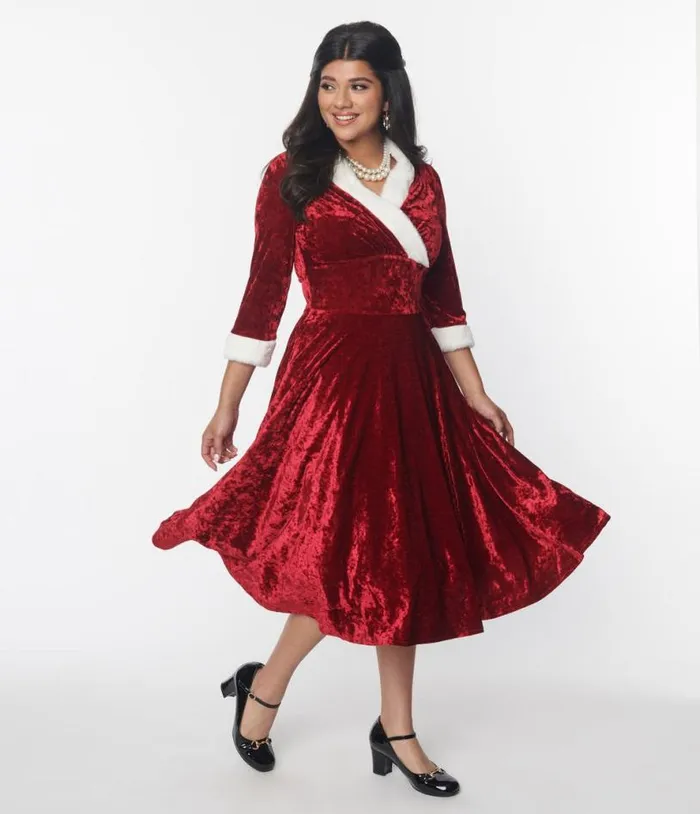 Red Crushed Velvet and Ivory Fur Delores Swing Dress DressesPlus Unique Vintage Swing Red Crushed Velvet and Ivory Fur Delores Swing Dress DressesPlus Unique Vintage Swing