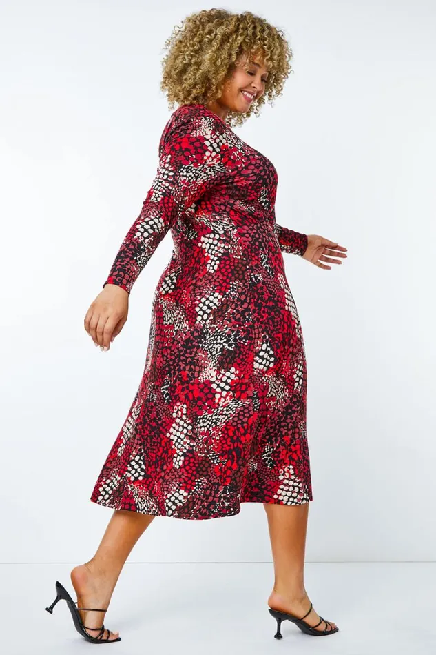 Red Curve Abstract Print Stretch Dress Women Roman Dresses