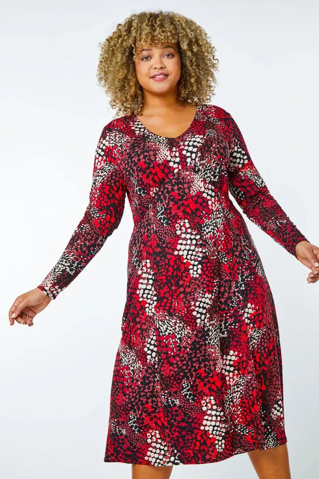 Red Curve Abstract Print Stretch Dress Women Roman Dresses