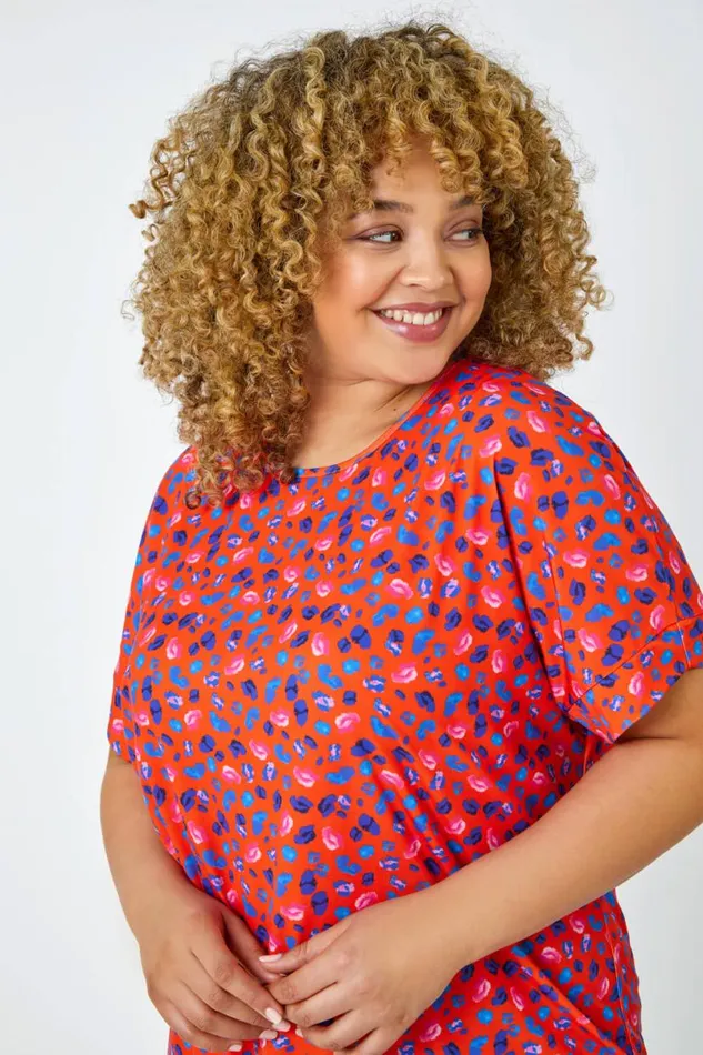 Red Curve Animal Print Stretch Tunic Top Women Roman Tops