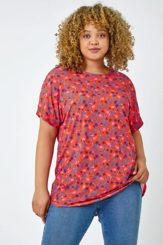 Red Curve Animal Print Stretch Tunic Top Women Roman Tops