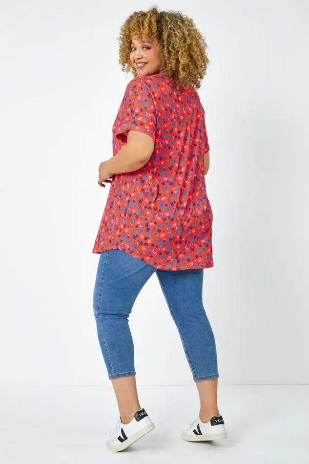 Red Curve Animal Print Stretch Tunic Top Women Roman Tops