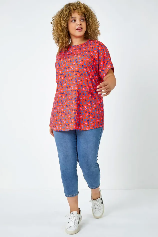 Red Curve Animal Print Stretch Tunic Top Women Roman Tops