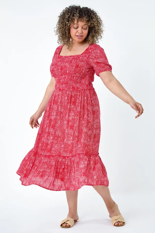 Red Curve Printed Crinkle Shirred Midi Dress Women Roman Dresses