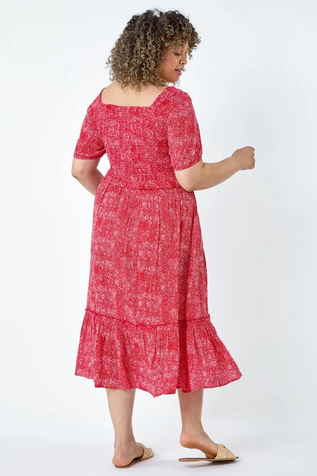 Red Curve Printed Crinkle Shirred Midi Dress Women Roman Dresses