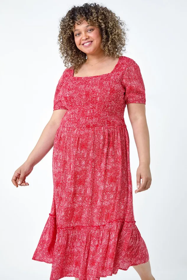 Red Curve Printed Crinkle Shirred Midi Dress Women Roman Dresses