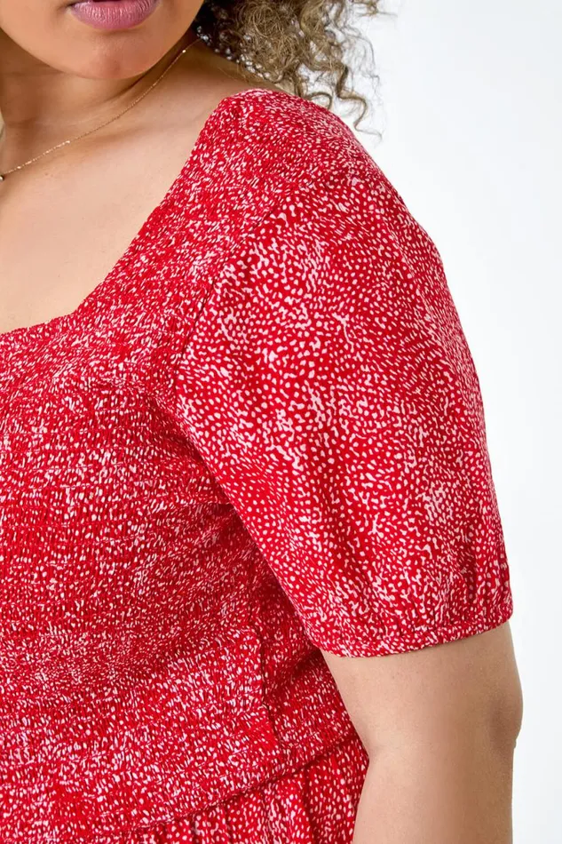 Red Curve Printed Crinkle Shirred Midi Dress Women Roman Dresses