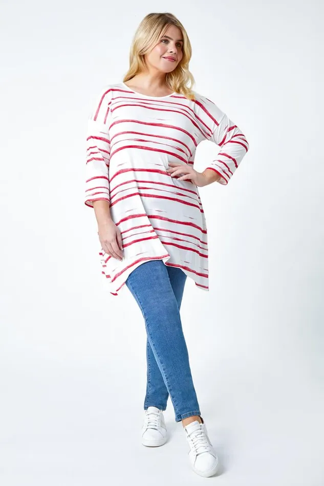 Red Curve Stripe Hanky Hem Stretch Top Women Roman Tops
