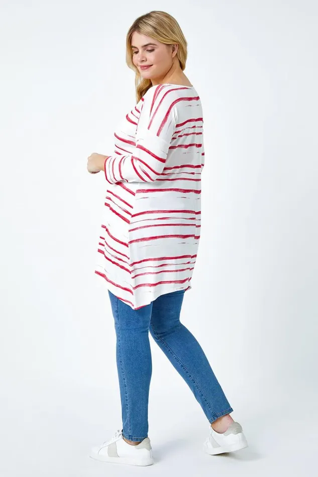 Red Curve Stripe Hanky Hem Stretch Top Women Roman Tops
