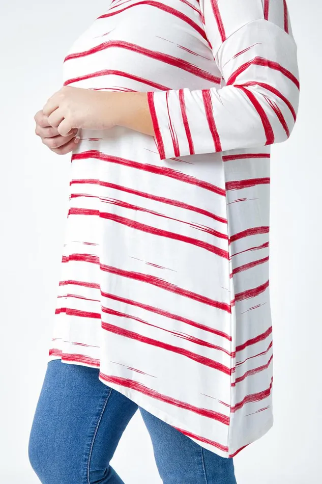 Red Curve Stripe Hanky Hem Stretch Top Women Roman Tops