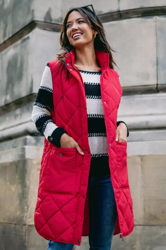 Red Diamond Quilted Longline Gilet Women Roman Coats