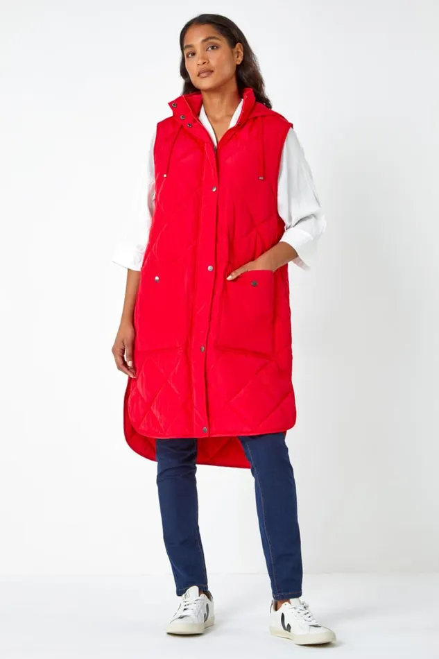 Red Diamond Quilted Longline Gilet Women Roman Coats