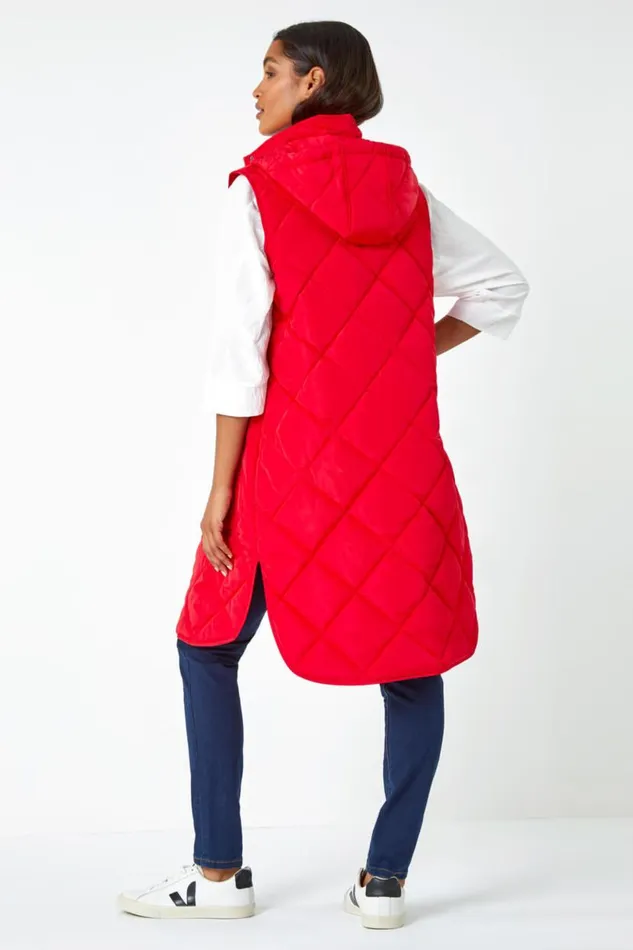Red Diamond Quilted Longline Gilet Women Roman Coats